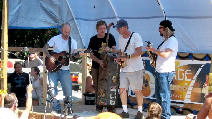A band on stage at the Walnut Valley Festival
